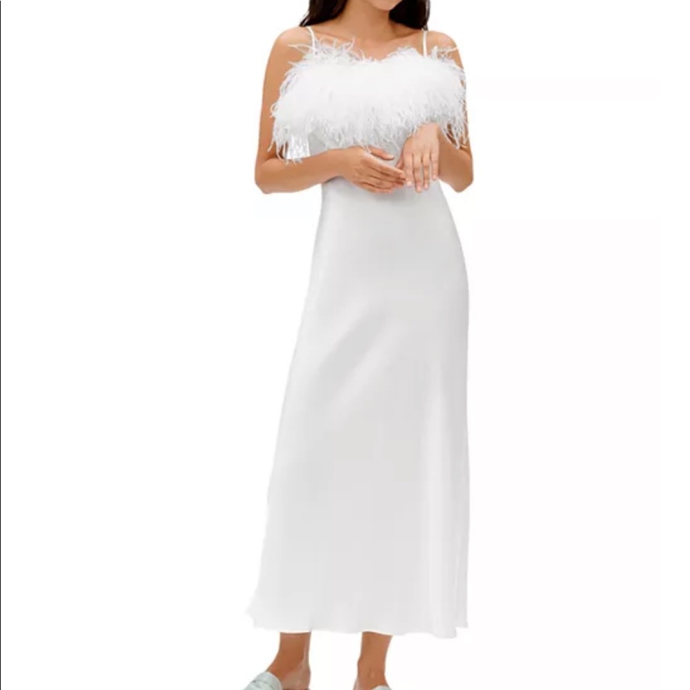 Sleeper Boheme White Midi Slip Dress with Feathers